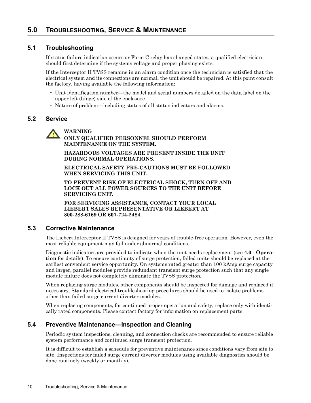 Liebert II manual Troubleshooting, Service, Corrective Maintenance, Preventive Maintenance-Inspection and Cleaning 