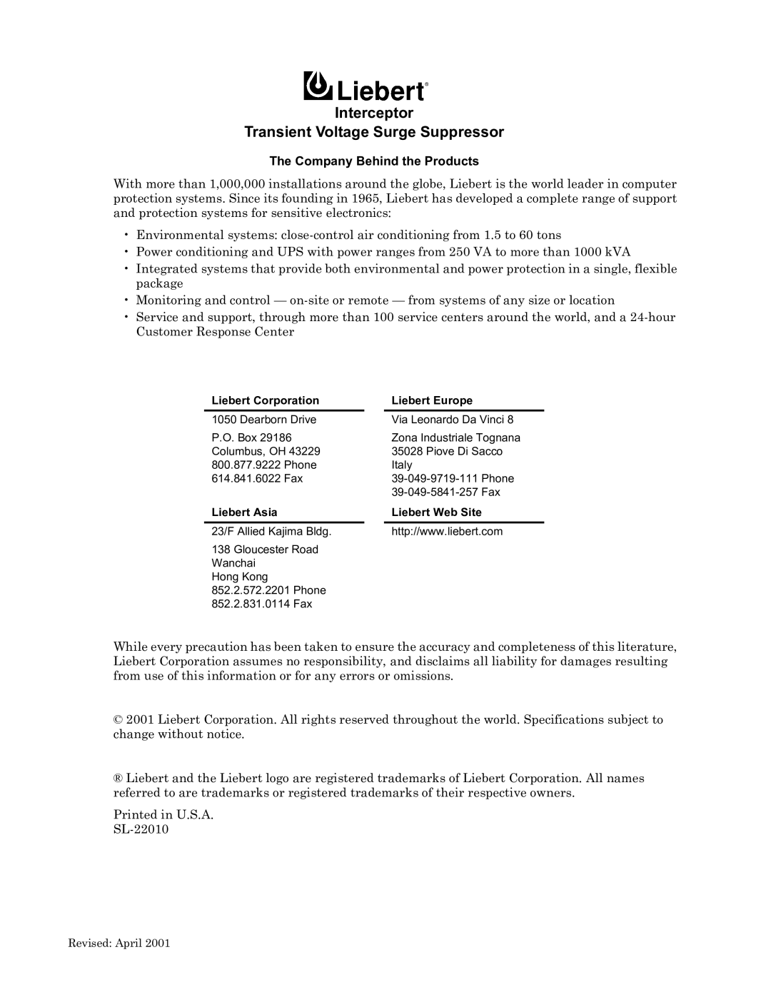 Liebert II manual Interceptor Transient Voltage Surge Suppressor, Company Behind the Products 