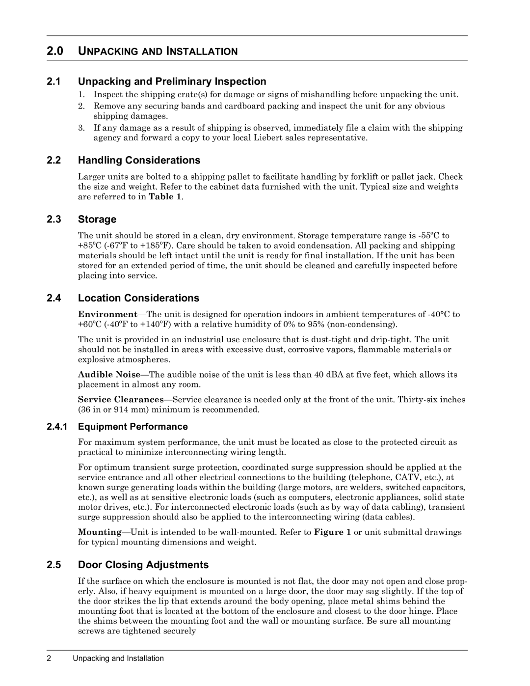 Liebert II manual Unpacking and Preliminary Inspection, Handling Considerations, Storage, Location Considerations 