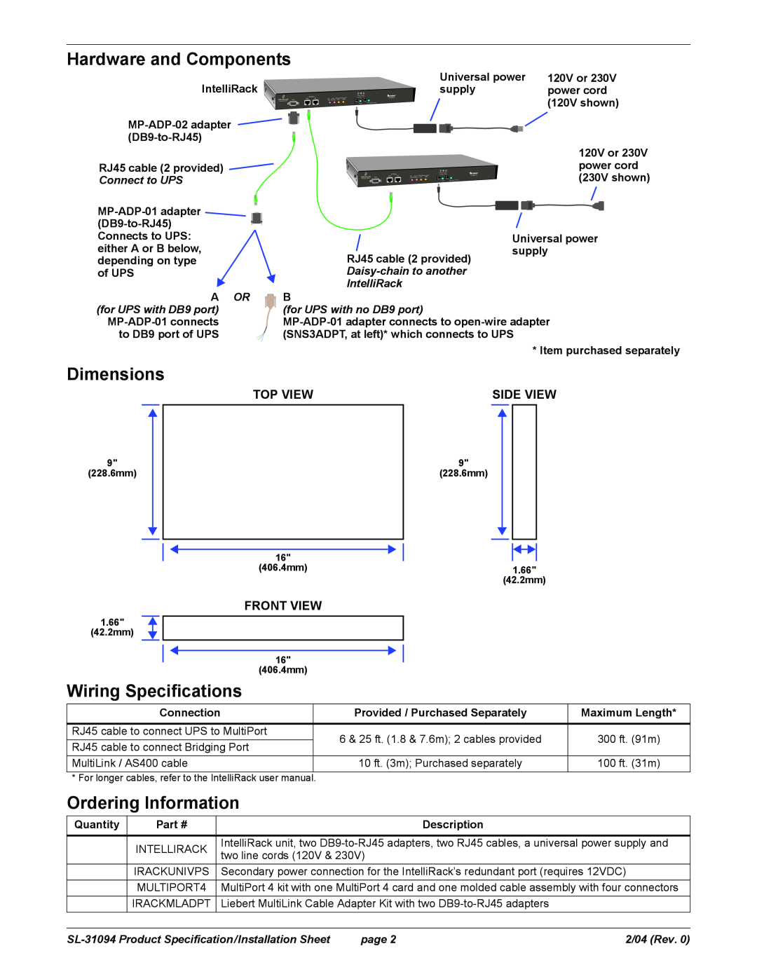 Liebert IntelliRack Hardware and Components, Dimensions, Wiring Specifications, Ordering Information, Top View, Side View 