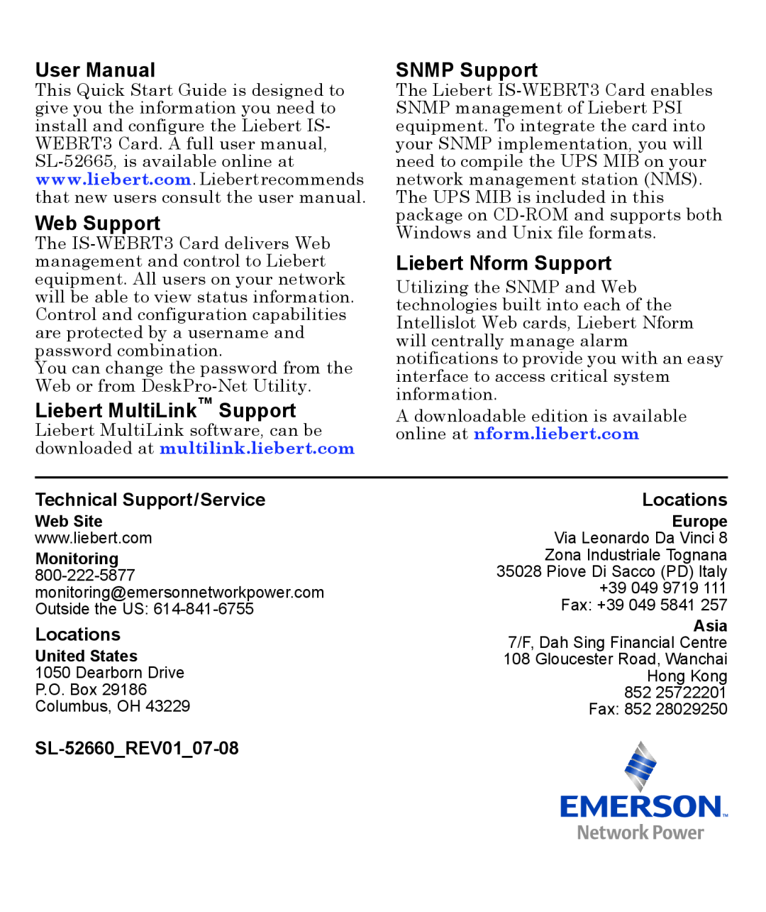 Liebert IS-WEBRT3 Technical Support/Service, Locations, SL-52660REV0107-08, User Manual, Web Support, SNMP Support 