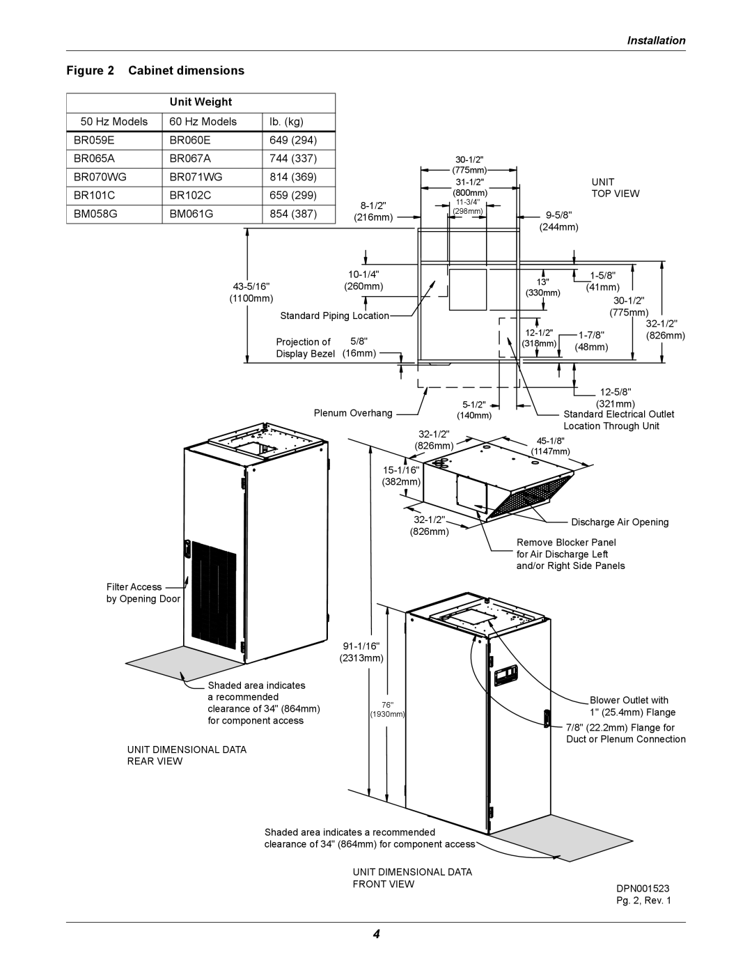 Liebert ITR installation manual Cabinet dimensions, Unit Weight 