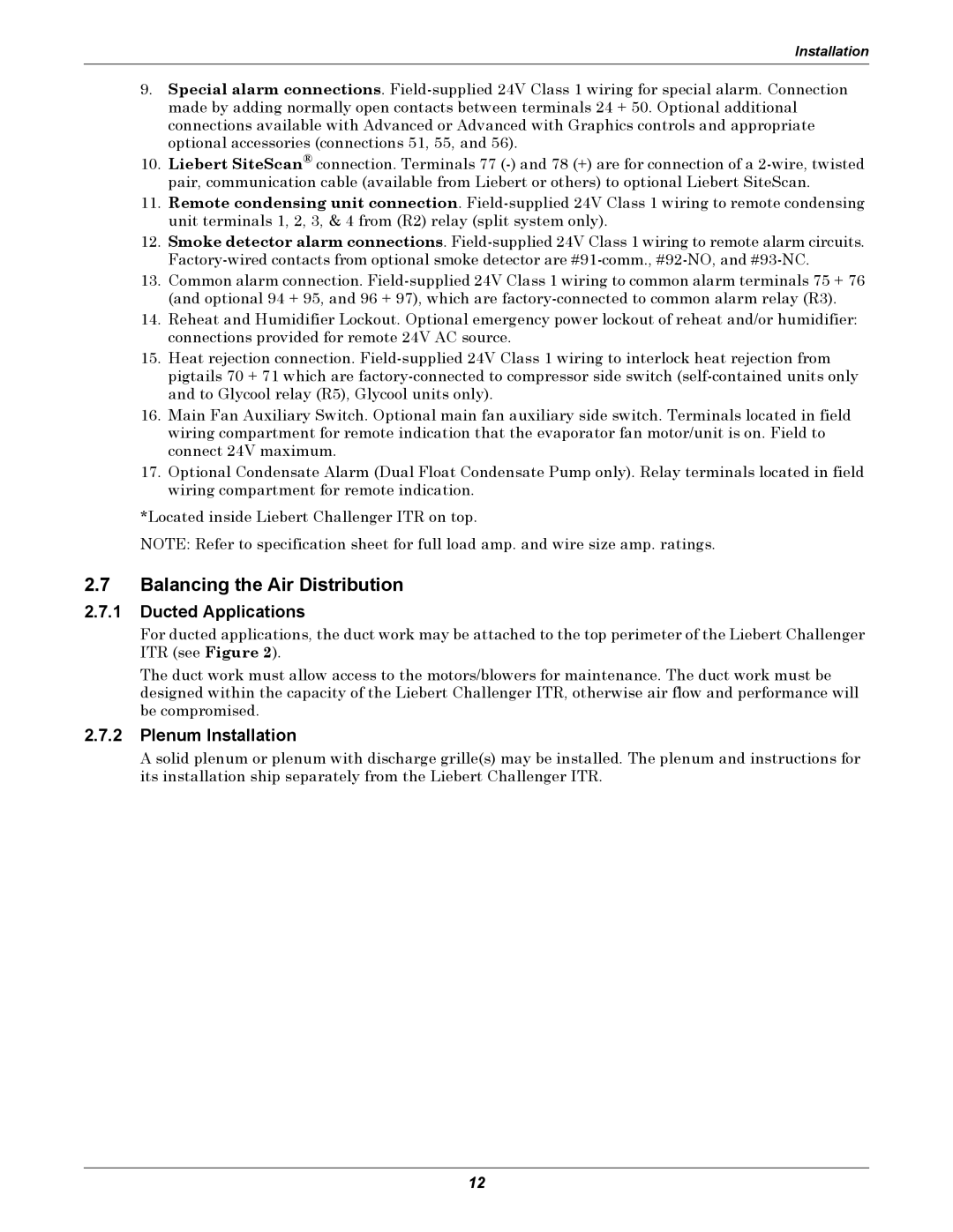 Liebert ITR installation manual Balancing the Air Distribution, Ducted Applications, Plenum Installation 