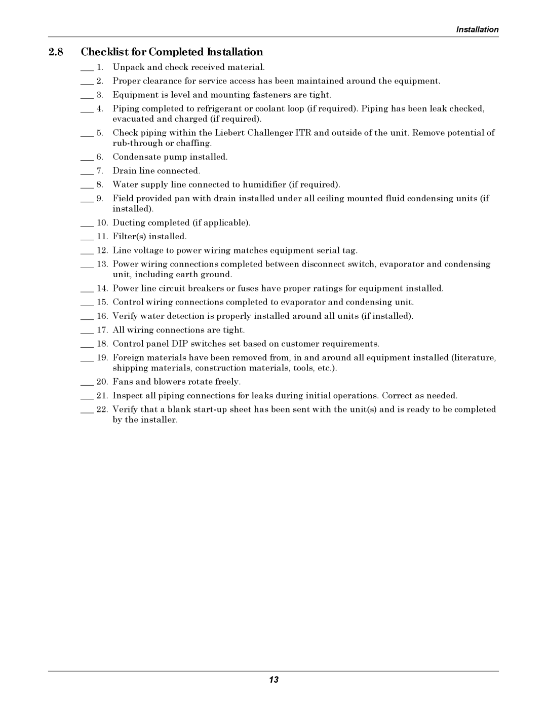 Liebert ITR installation manual Checklist for Completed Installation 