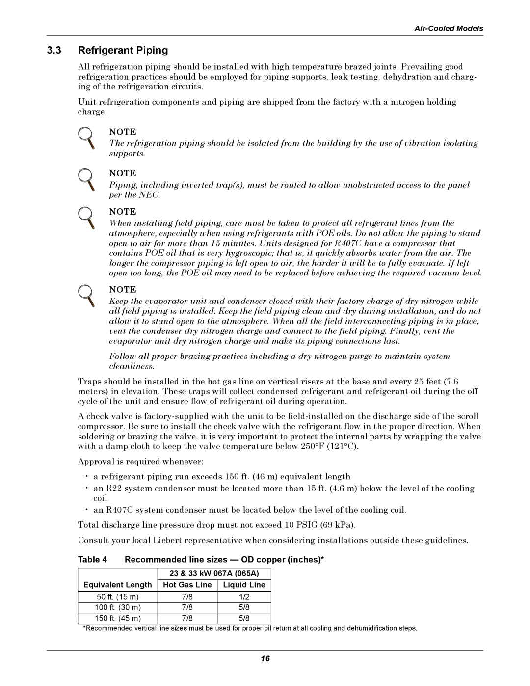 Liebert ITR installation manual Refrigerant Piping, Recommended line sizes OD copper inches, 23 & 33 kW 067A 065A 