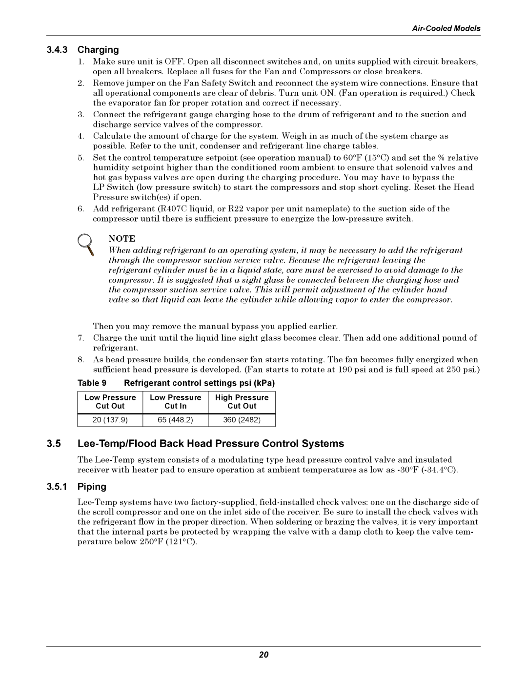 Liebert ITR Lee-Temp/Flood Back Head Pressure Control Systems, Charging, Piping, Refrigerant control settings psi kPa 