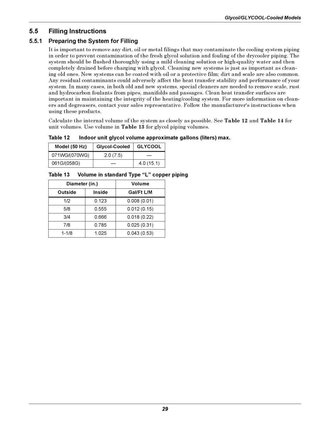 Liebert ITR Filling Instructions, Preparing the System for Filling, Volume in standard Type L copper piping 