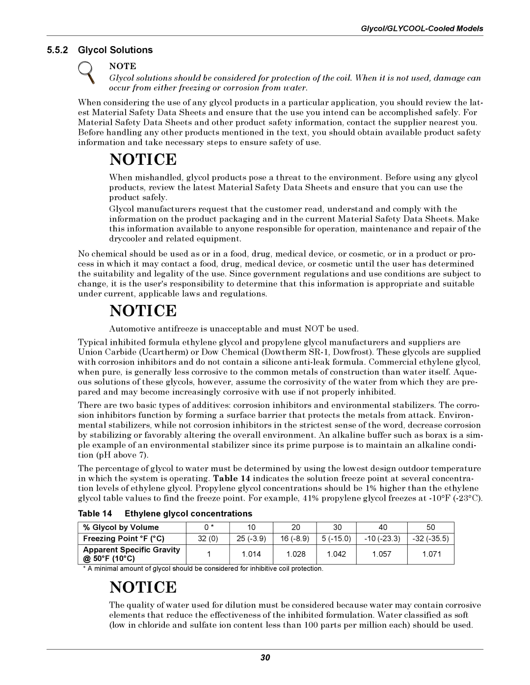 Liebert ITR installation manual Glycol Solutions, Ethylene glycol concentrations, @ 50F 10C 