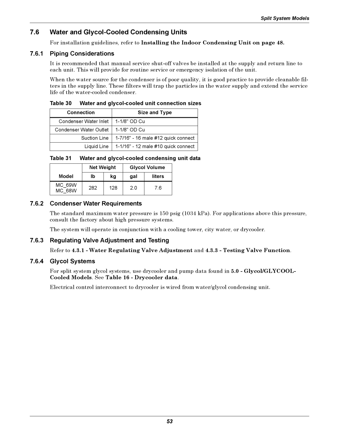 Liebert ITR Water and Glycol-Cooled Condensing Units, Piping Considerations, Condenser Water Requirements, Glycol Systems 