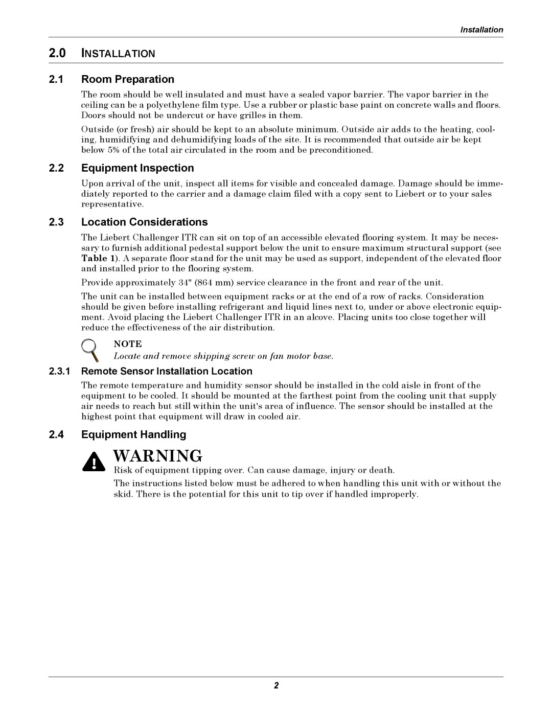 Liebert ITR installation manual Room Preparation, Equipment Inspection, Location Considerations, Equipment Handling 