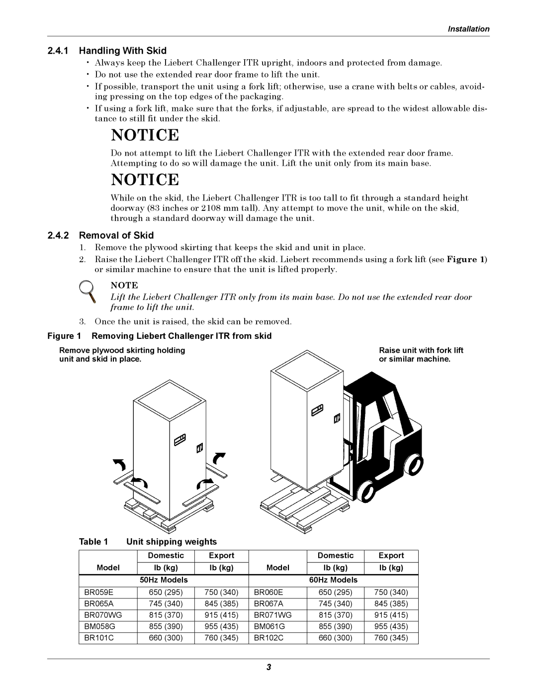 Liebert ITR installation manual Handling With Skid, Removal of Skid, Unit shipping weights 