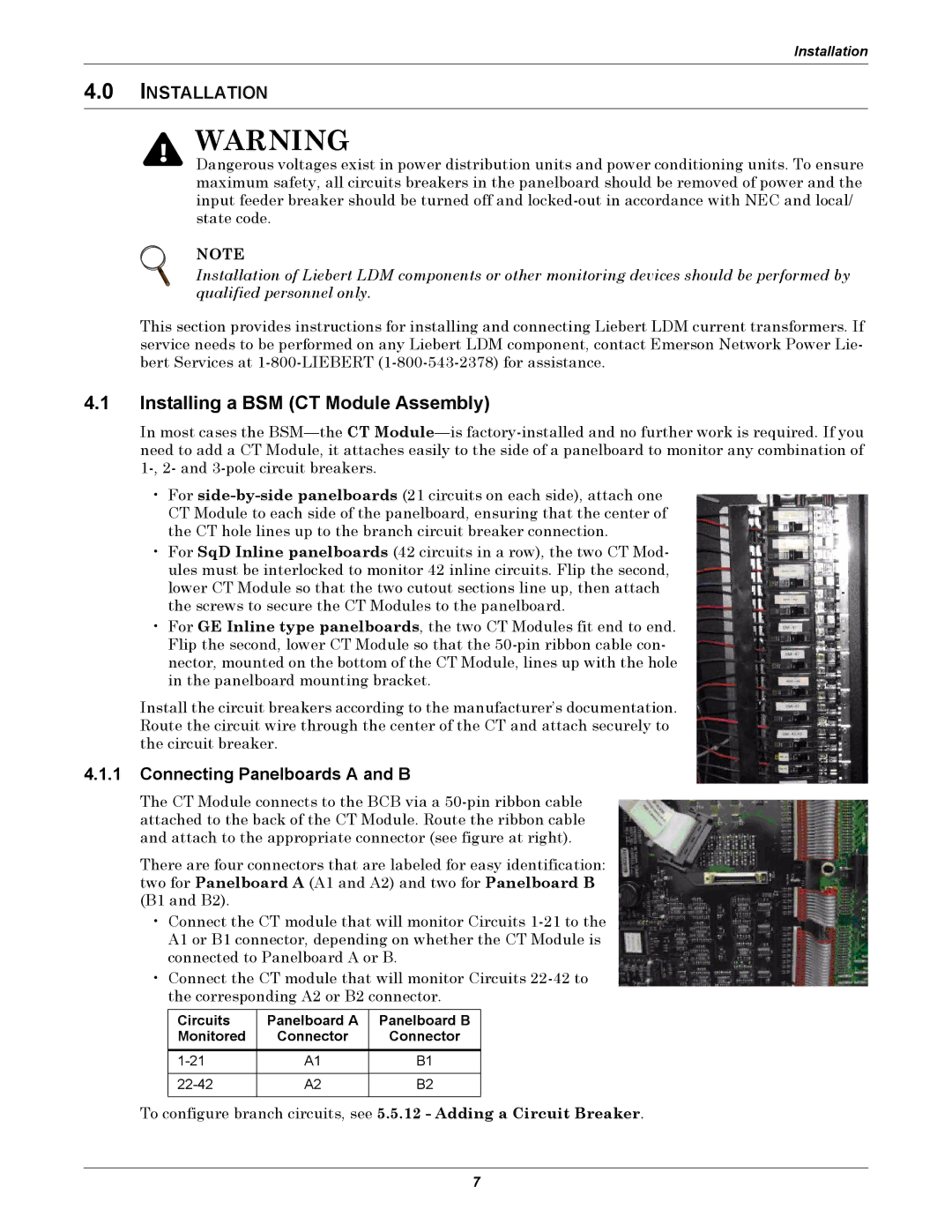 Liebert LDM user manual Installing a BSM CT Module Assembly, Installation, Connecting Panelboards a and B 