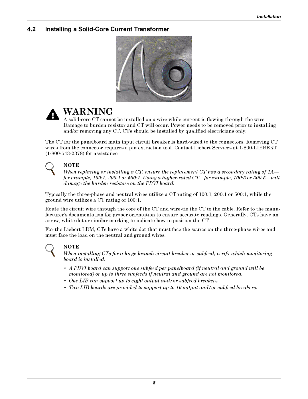 Liebert LDM user manual Installing a Solid-Core Current Transformer 