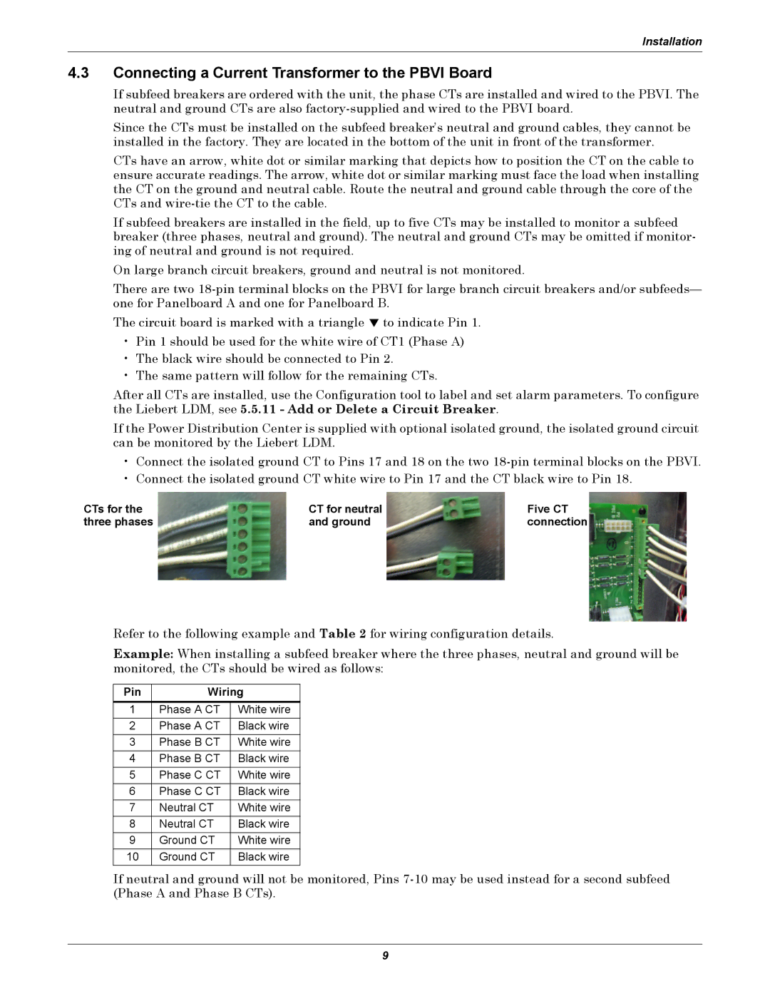 Liebert LDM user manual Connecting a Current Transformer to the Pbvi Board, Pin Wiring 