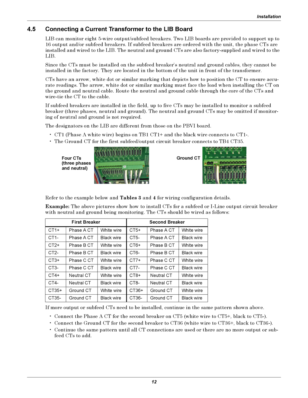 Liebert LDM user manual Connecting a Current Transformer to the LIB Board, Four CTs Ground CT Three phases Neutral 