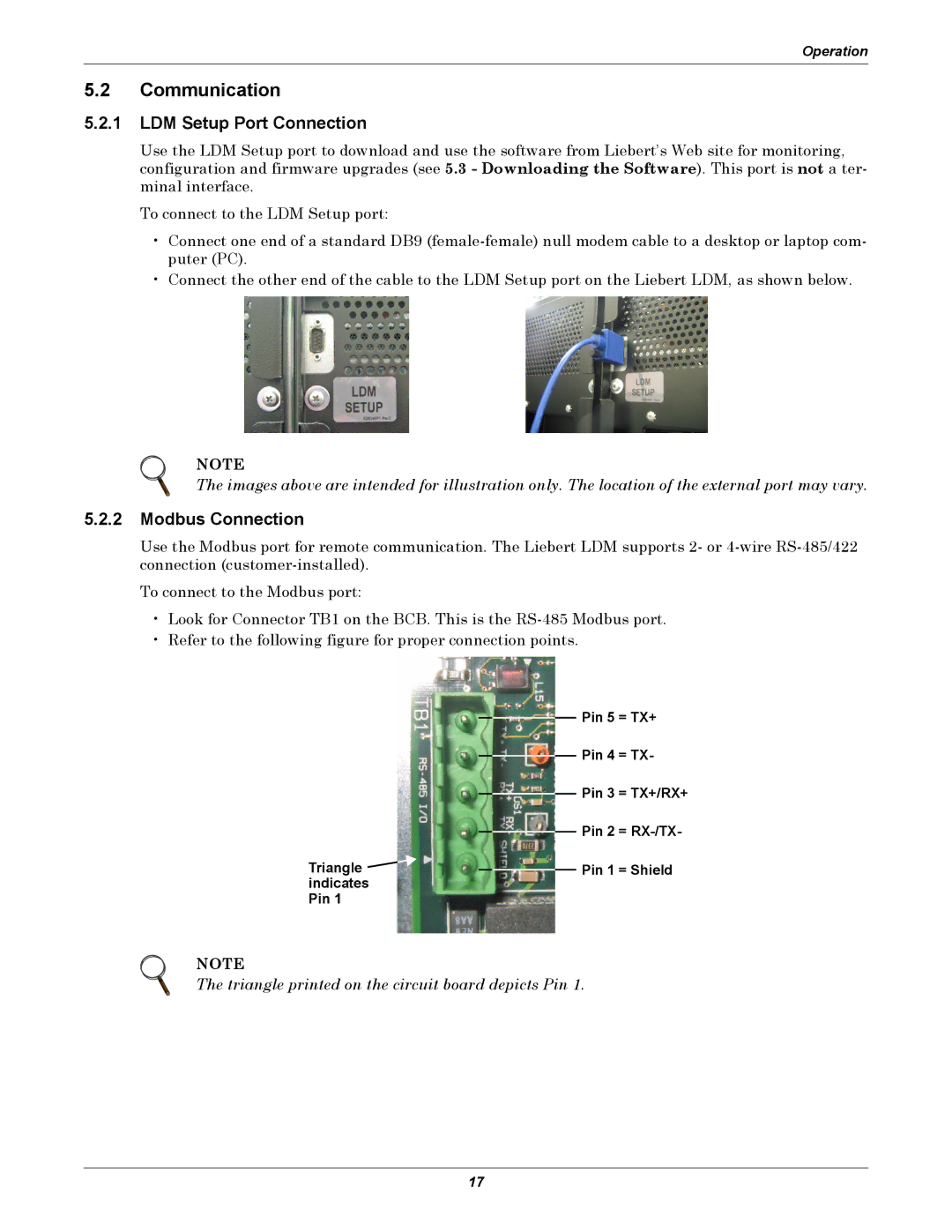 Liebert user manual Communication, LDM Setup Port Connection, Modbus Connection 