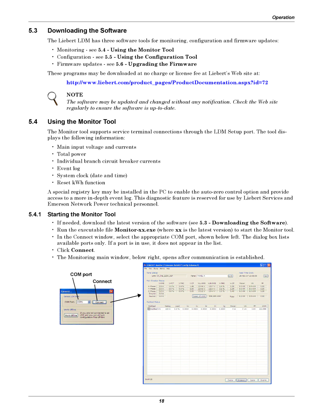 Liebert LDM user manual Downloading the Software, Using the Monitor Tool, Starting the Monitor Tool, COM port Connect 