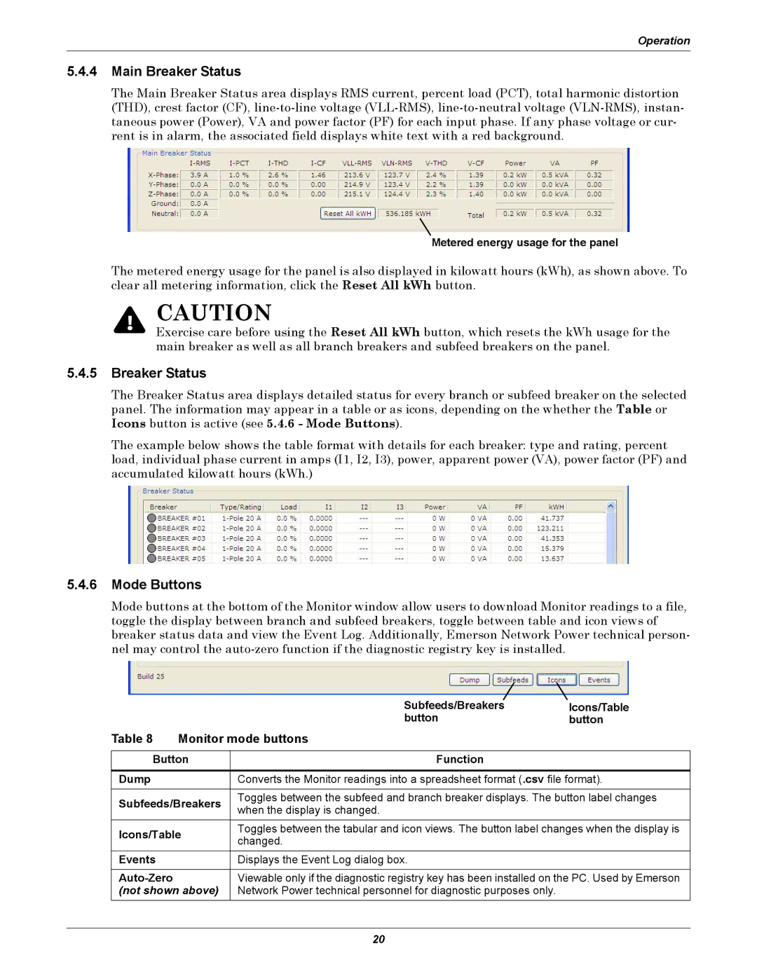 Liebert LDM user manual Main Breaker Status, Mode Buttons, Monitor mode buttons 