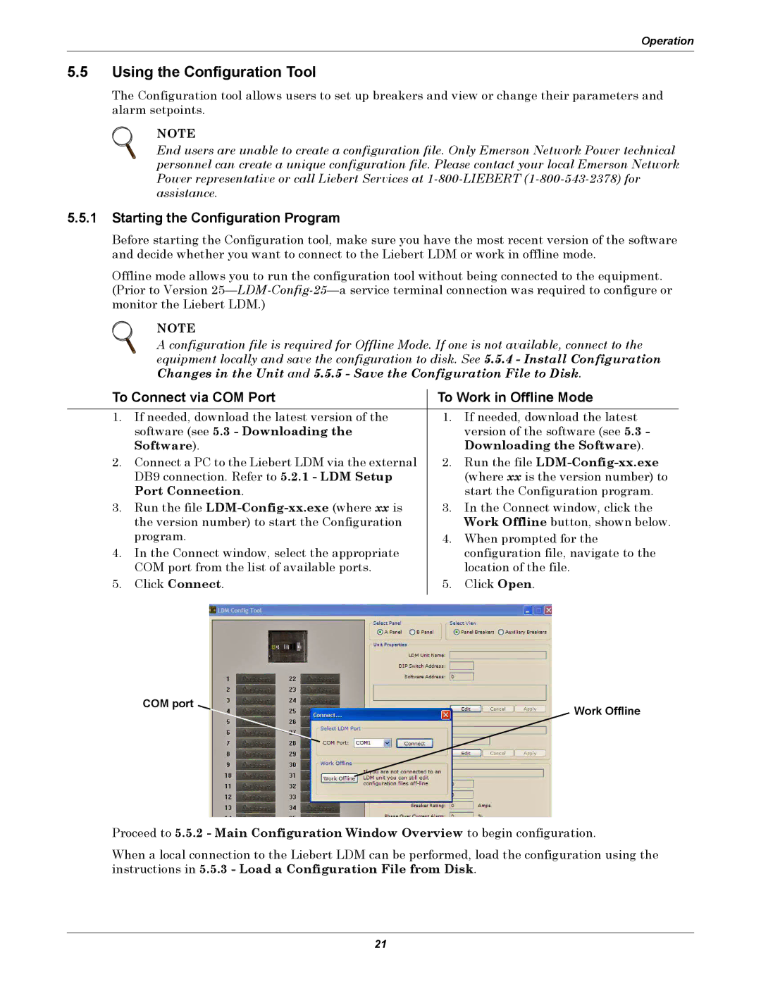 Liebert LDM user manual Using the Configuration Tool, Starting the Configuration Program, COM port Work Offline 