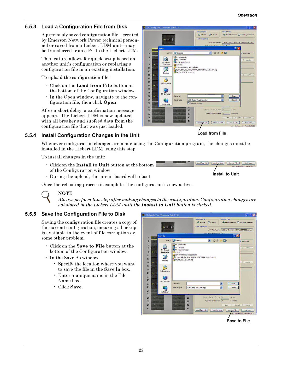 Liebert LDM user manual Load a Configuration File from Disk, Install Configuration Changes in the Unit 