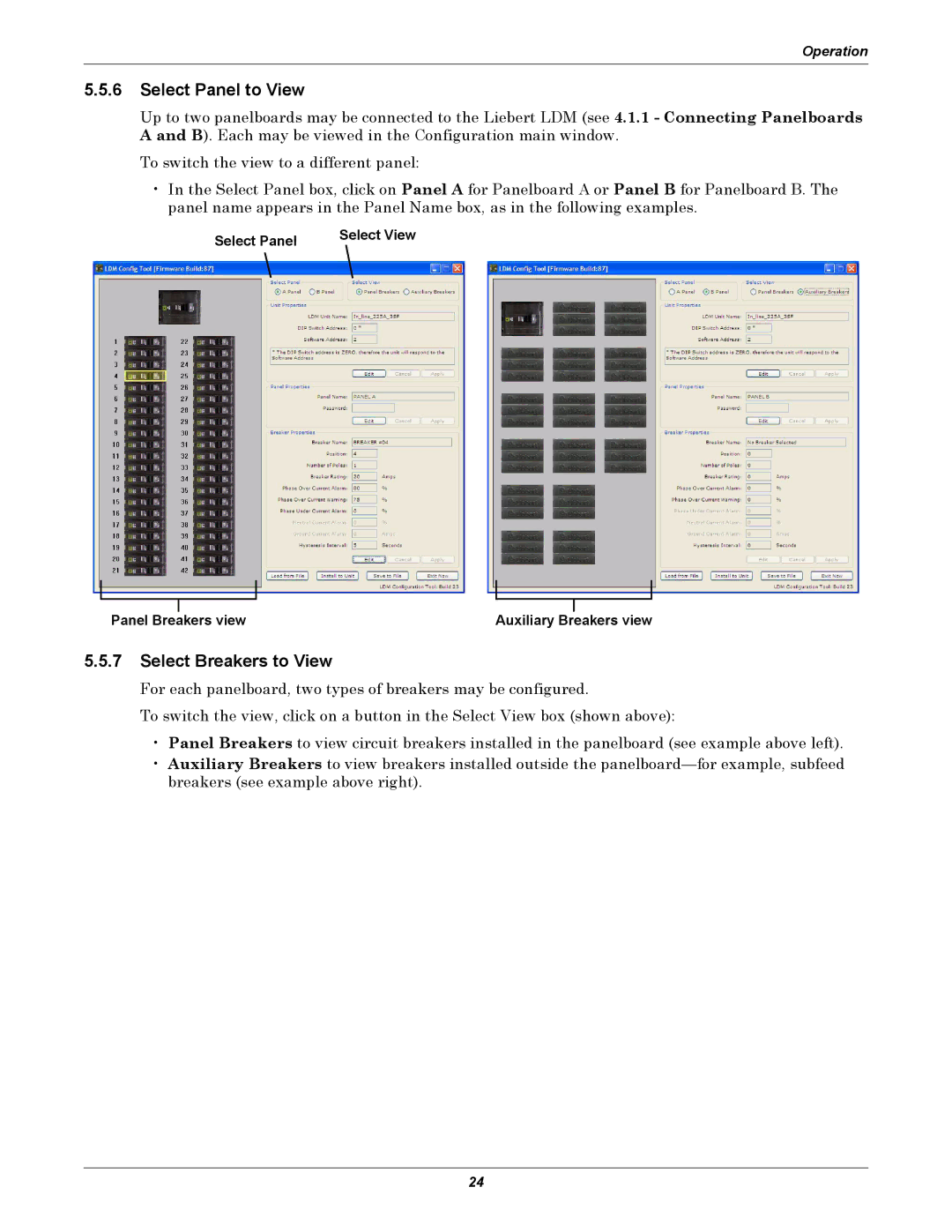 Liebert LDM user manual Select Panel to View, Select Breakers to View, Panel Breakers view Auxiliary Breakers view 