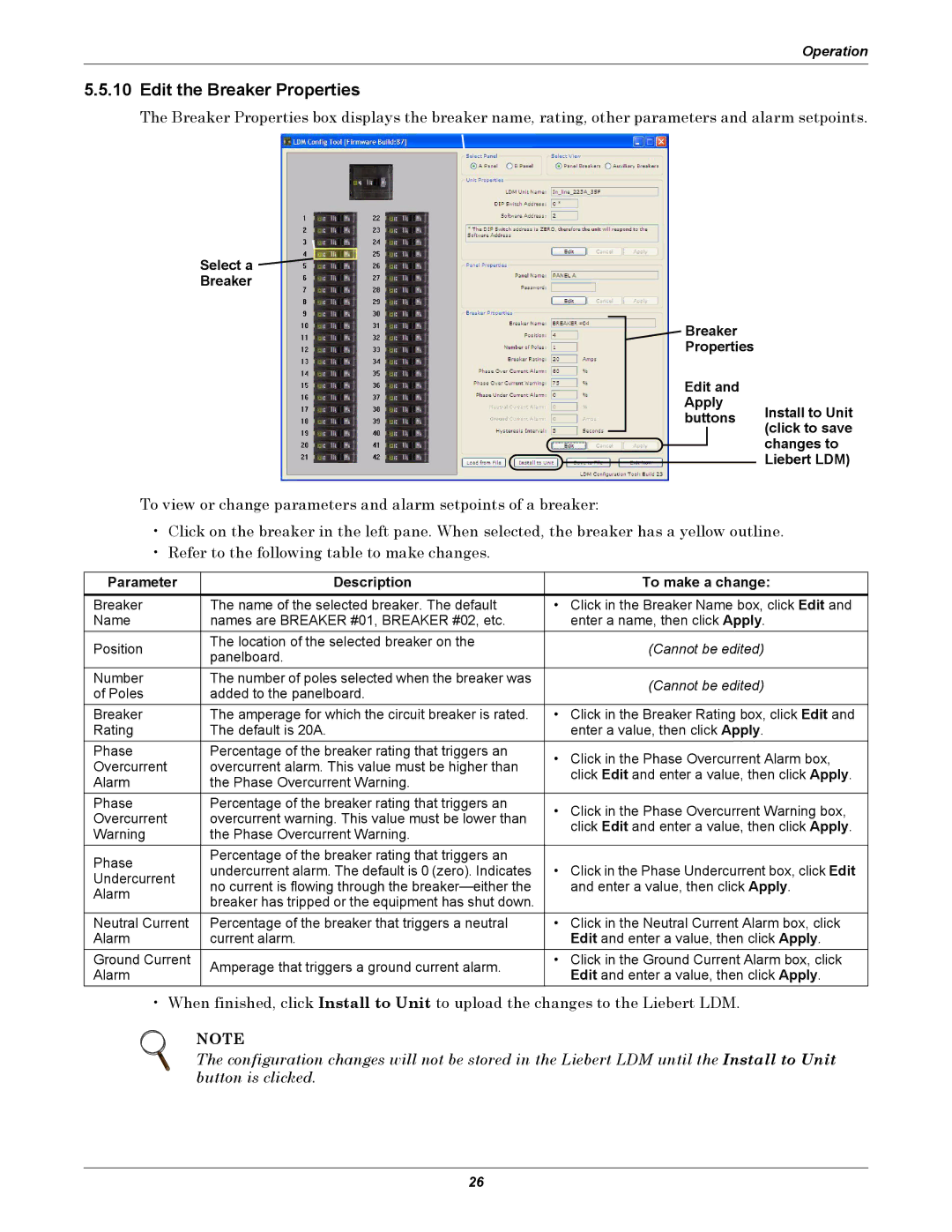 Liebert LDM user manual Edit the Breaker Properties, Parameter Description To make a change 