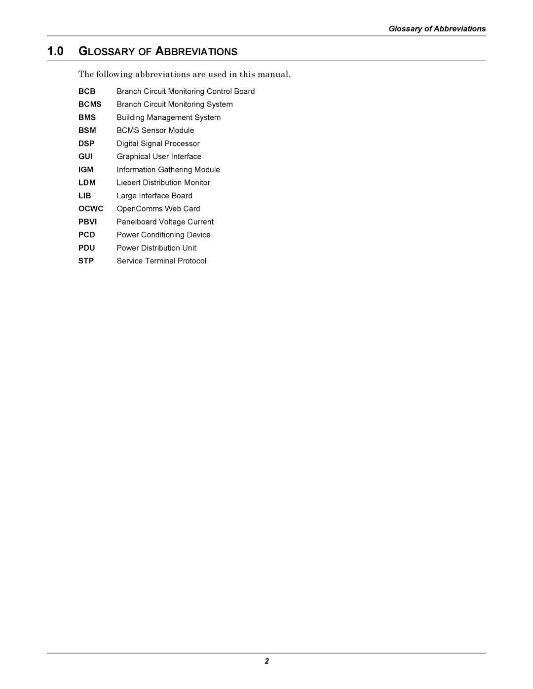 Liebert LDM user manual Glossary of Abbreviations, Following abbreviations are used in this manual 