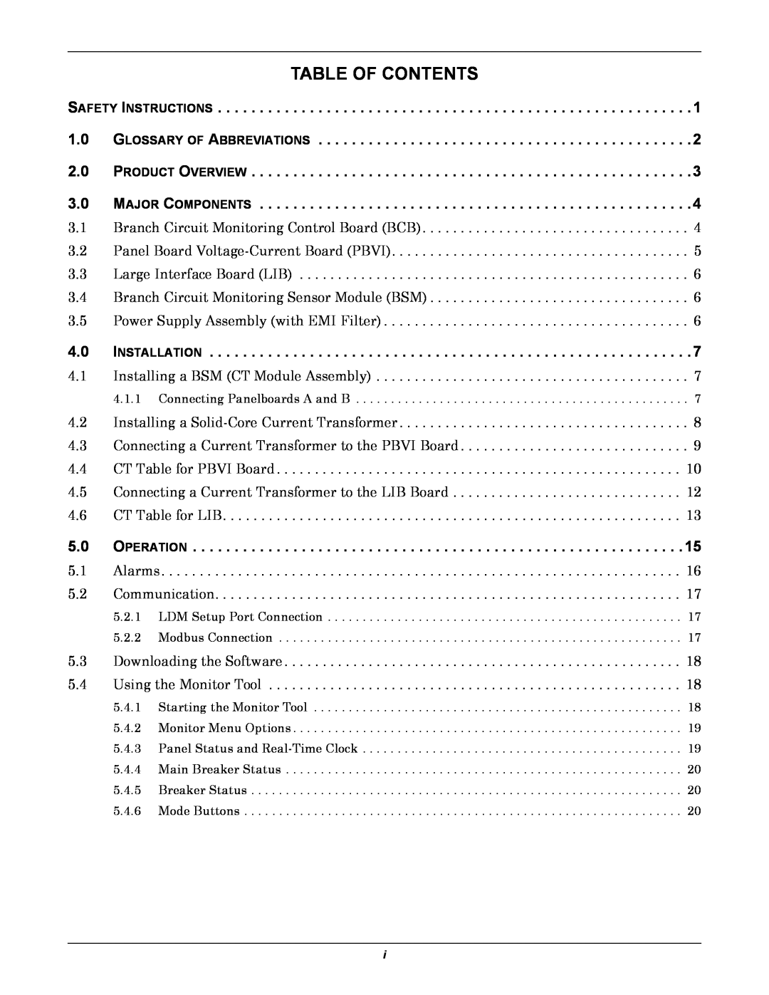 Liebert LDM Table Of Contents, SAFETY INSTRUCTIONS 1.0 GLOSSARY OF ABBREVIATIONS, PRODUCT OVERVIEW 3.0 MAJOR COMPONENTS 