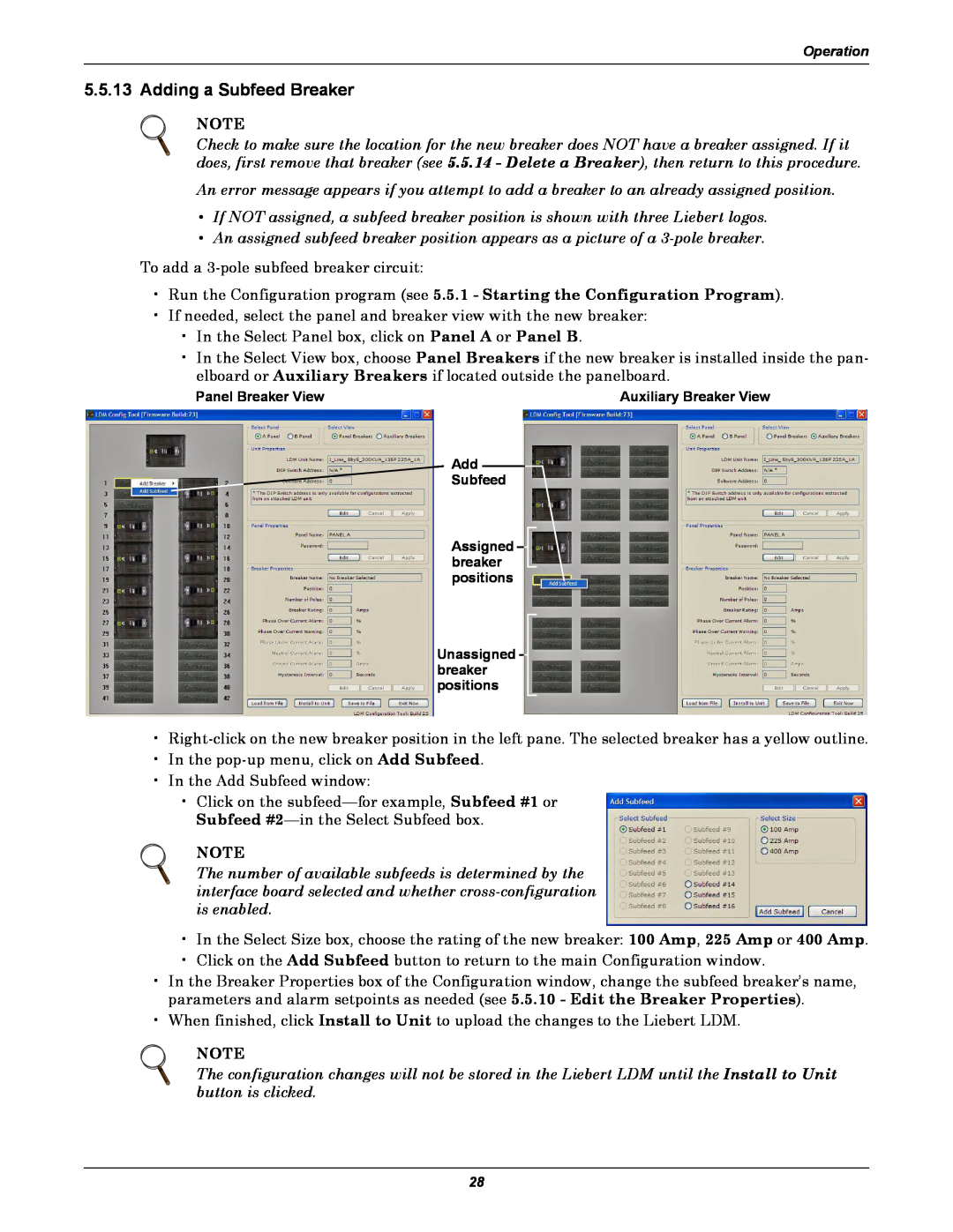 Liebert LDM user manual Adding a Subfeed Breaker, Panel Breaker View, Auxiliary Breaker View 