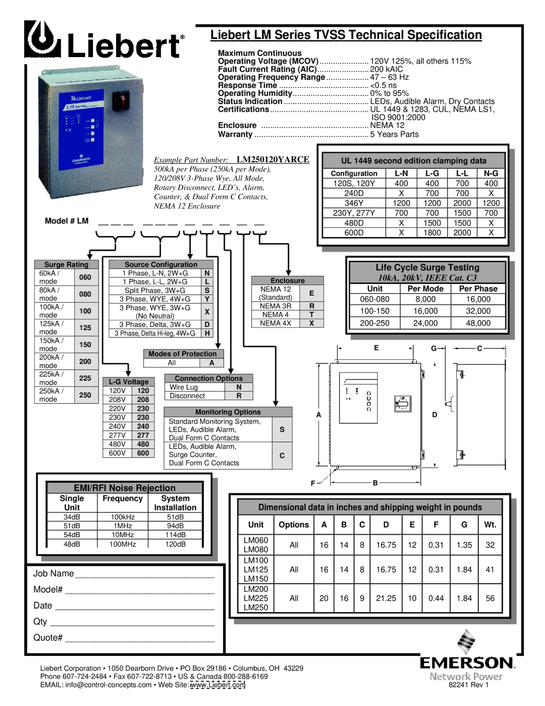 Liebert LM250120YARCE warranty Model # LM, Life Cycle Surge Testing, EMI/RFI Noise Rejection 