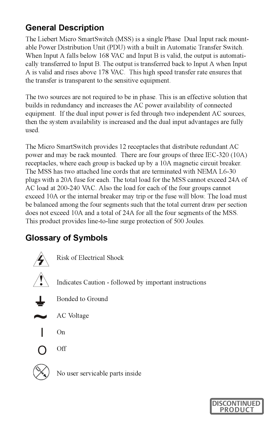 Liebert micro smart switch user manual General Description, Glossary of Symbols 