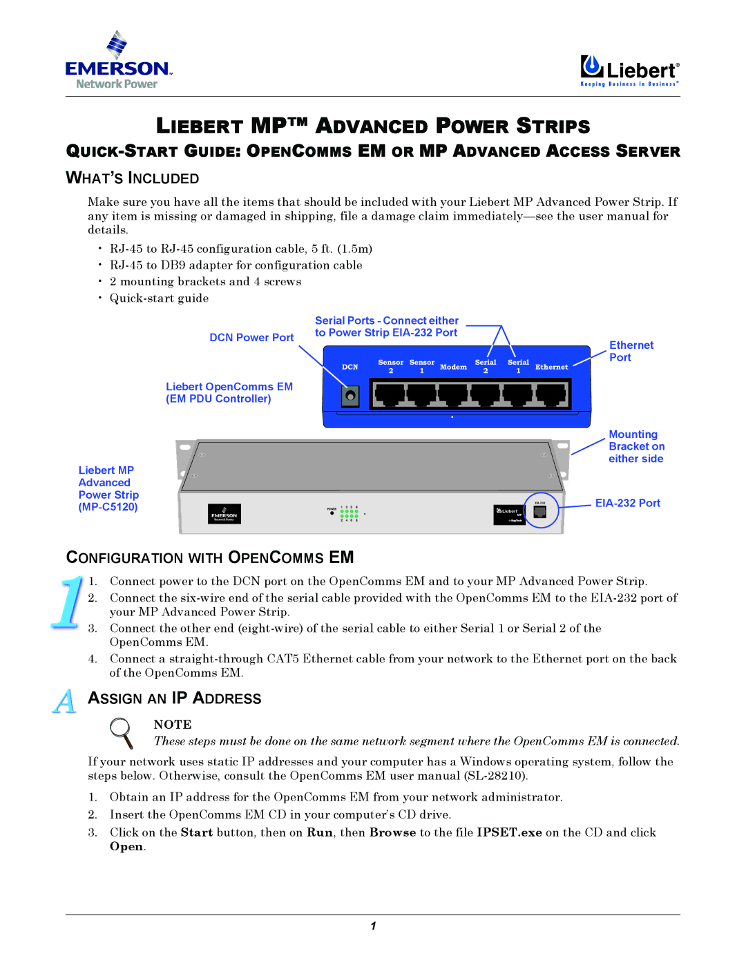 Liebert MP-C5120 quick start Configuration with Opencomms EM, Assign AN IP Address 