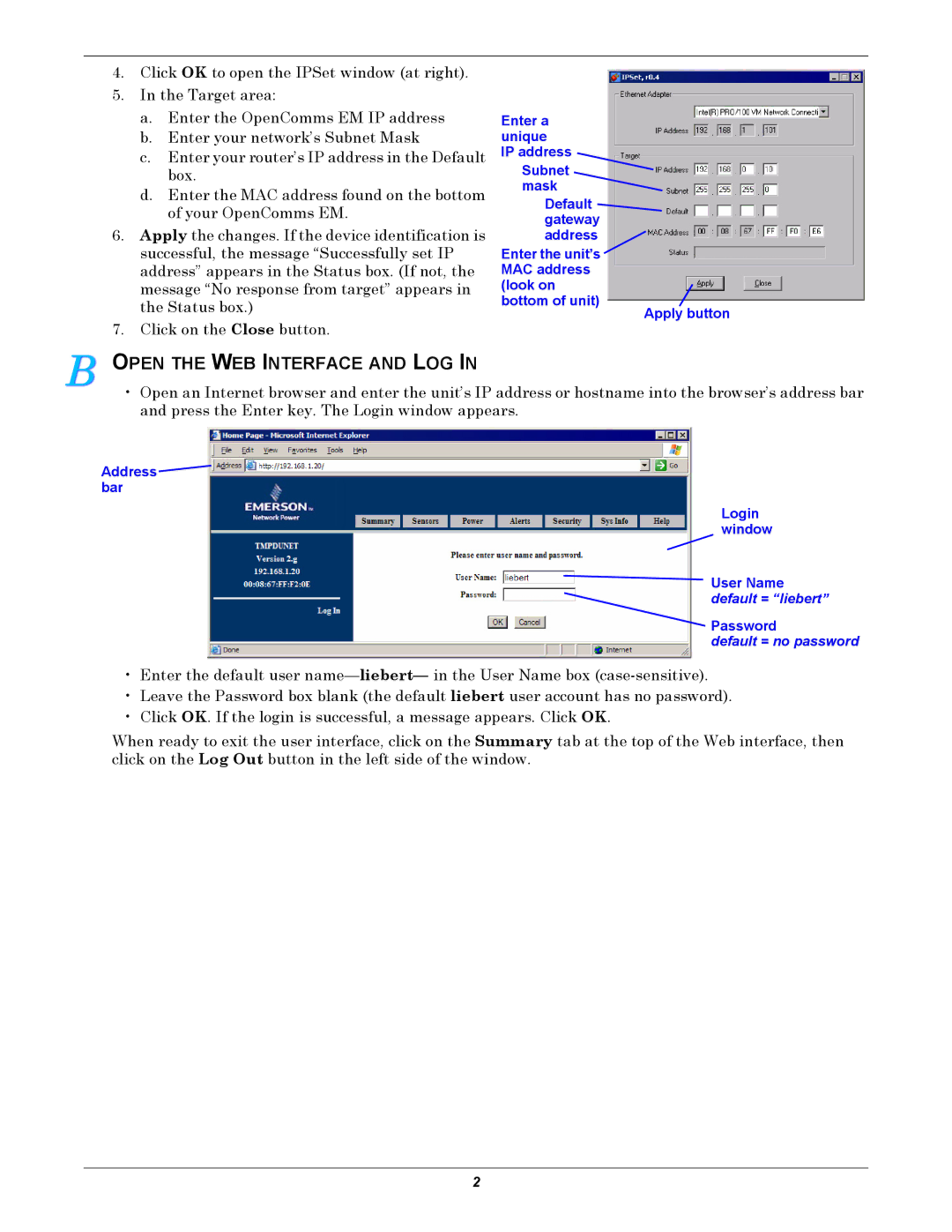 Liebert MP-C5120 quick start Open the WEB Interface and LOG 