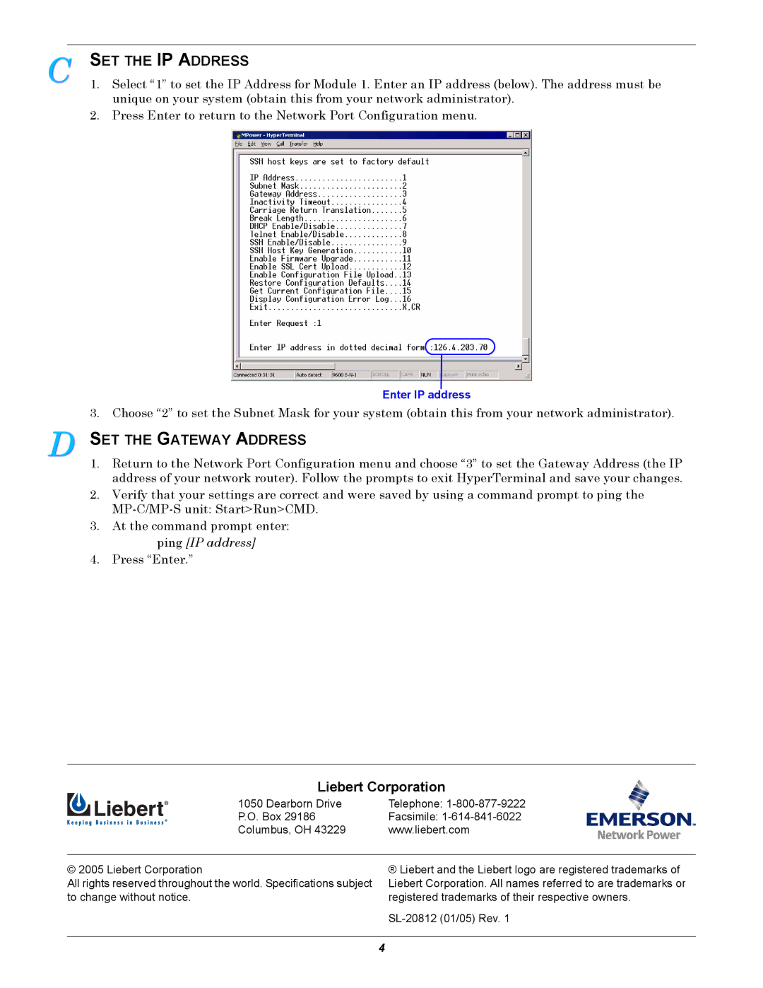 Liebert MP-C5120 quick start SET the IP Address, SET the Gateway Address 