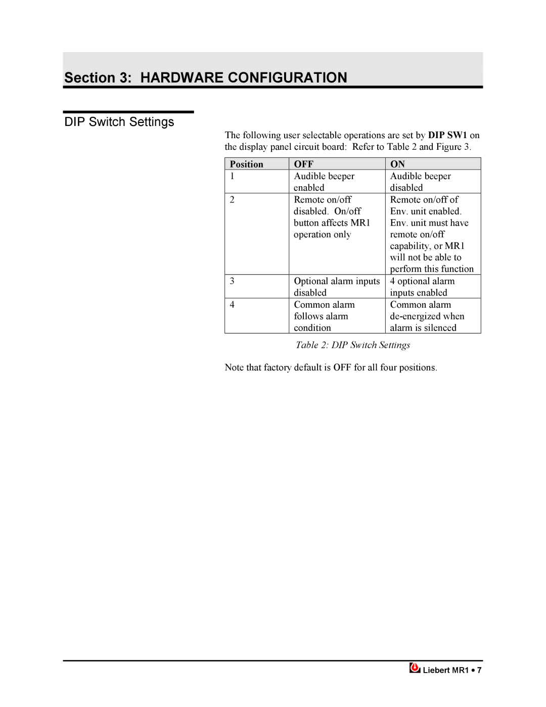 Liebert MR1 user manual Hardware Configuration, DIP Switch Settings 