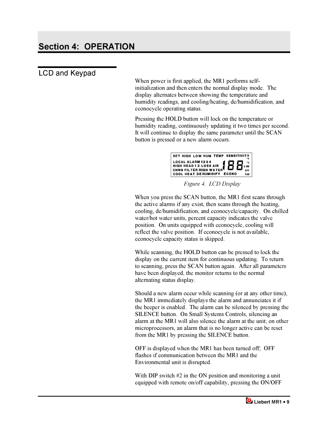 Liebert MR1 user manual Operation, LCD and Keypad 