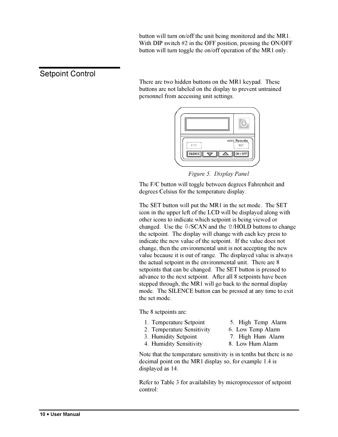 Liebert MR1 user manual Setpoint Control, Display Panel 