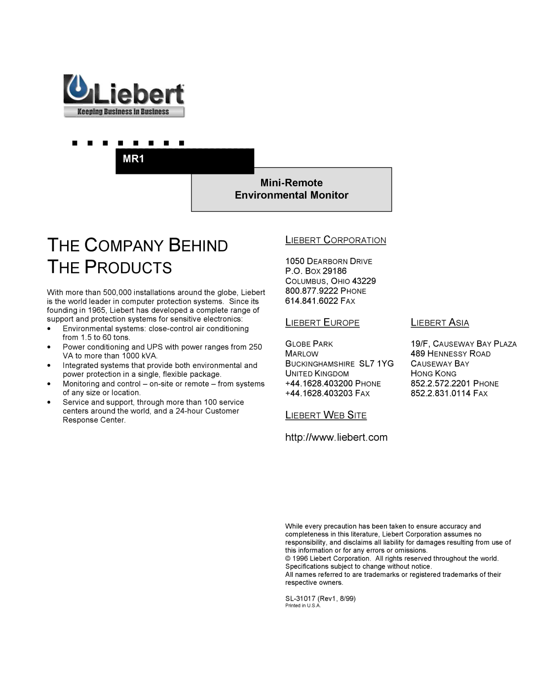 Liebert MR1 user manual Company Behind the Products 