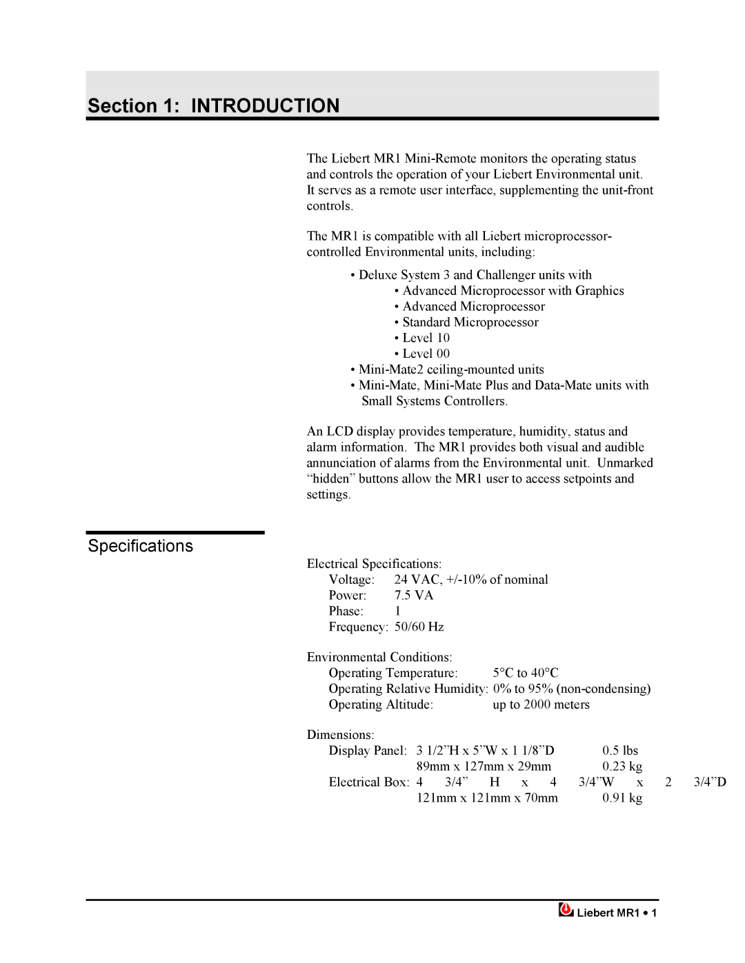 Liebert MR1 user manual Introduction, Specifications 