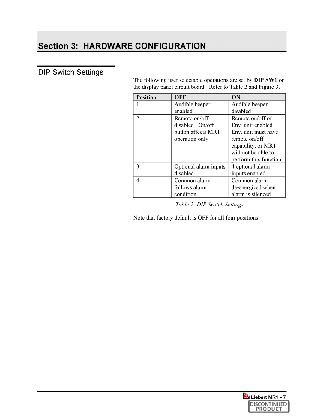 Liebert MR1 user manual Hardware Configuration, DIP Switch Settings 