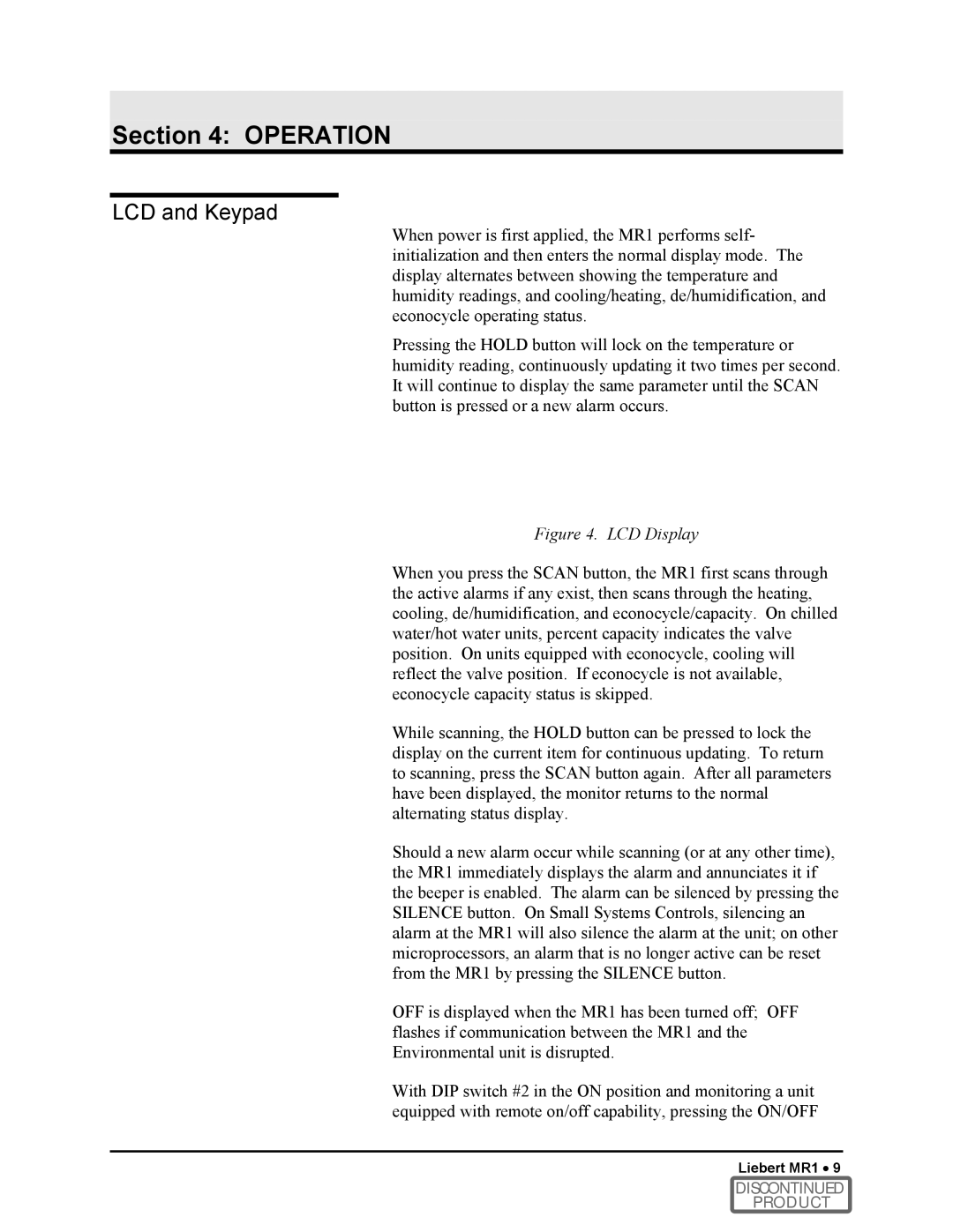 Liebert MR1 user manual Operation, LCD and Keypad 