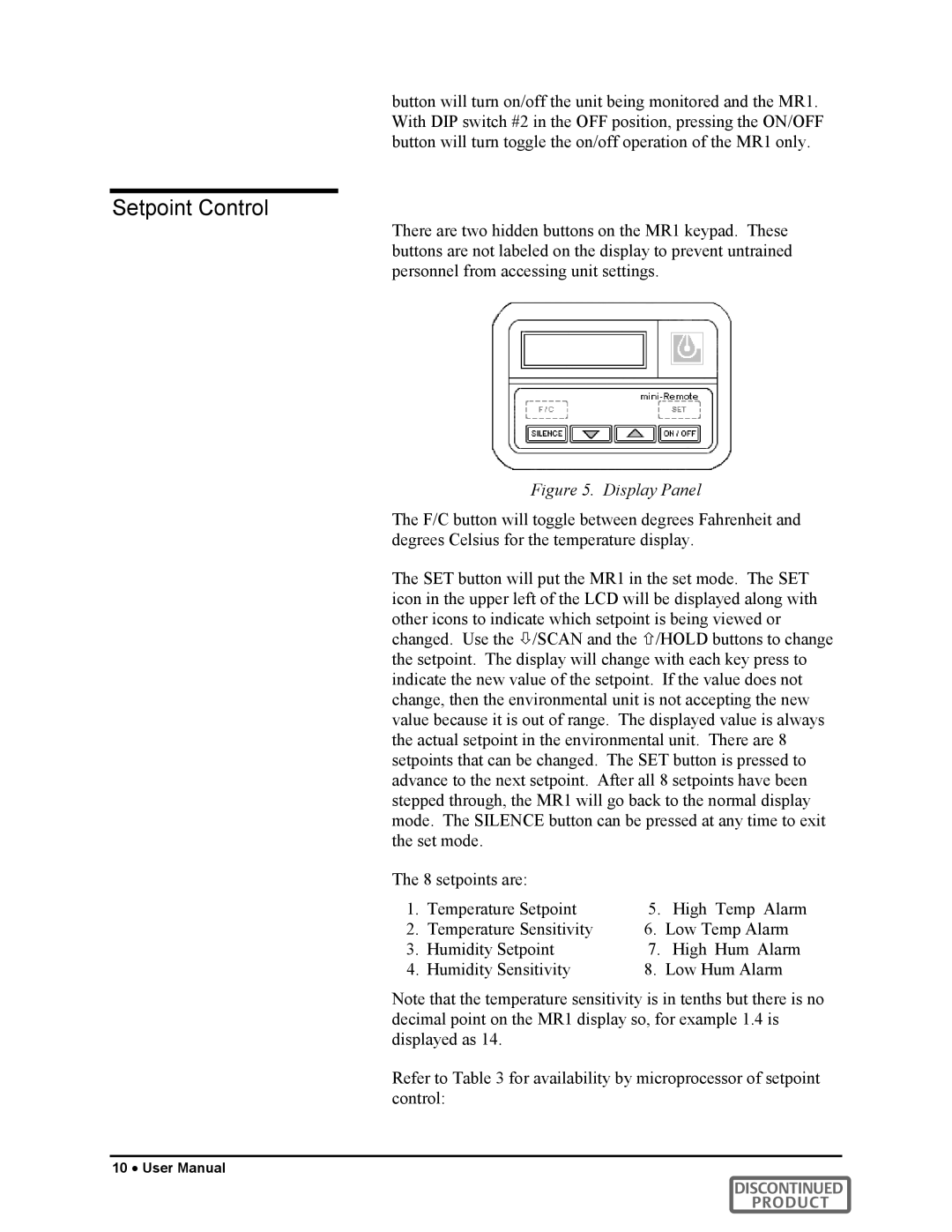 Liebert MR1 user manual Setpoint Control, Display Panel 