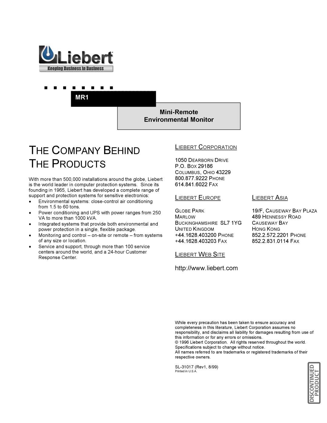 Liebert MR1 user manual Company Behind the Products 