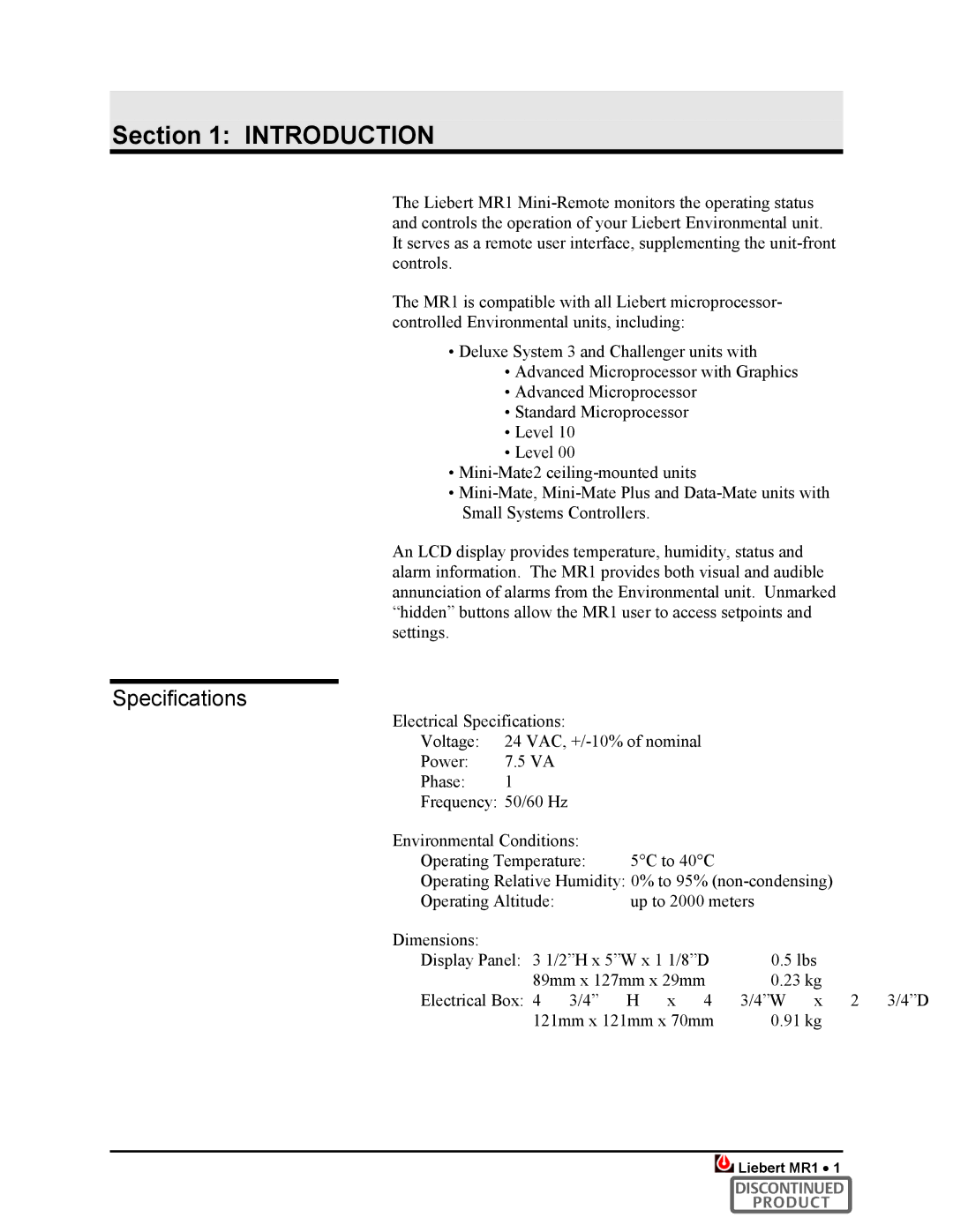 Liebert MR1 user manual Introduction, Specifications 