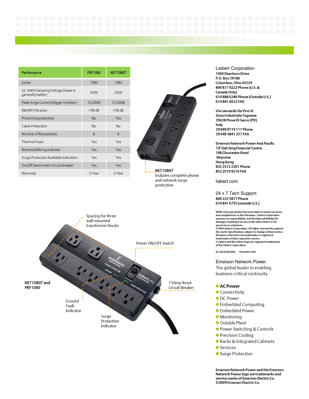 Liebert NET1080T, PRF1080 warranty Liebert Corporation, Liebert.com, 24 x 7 Tech Support 