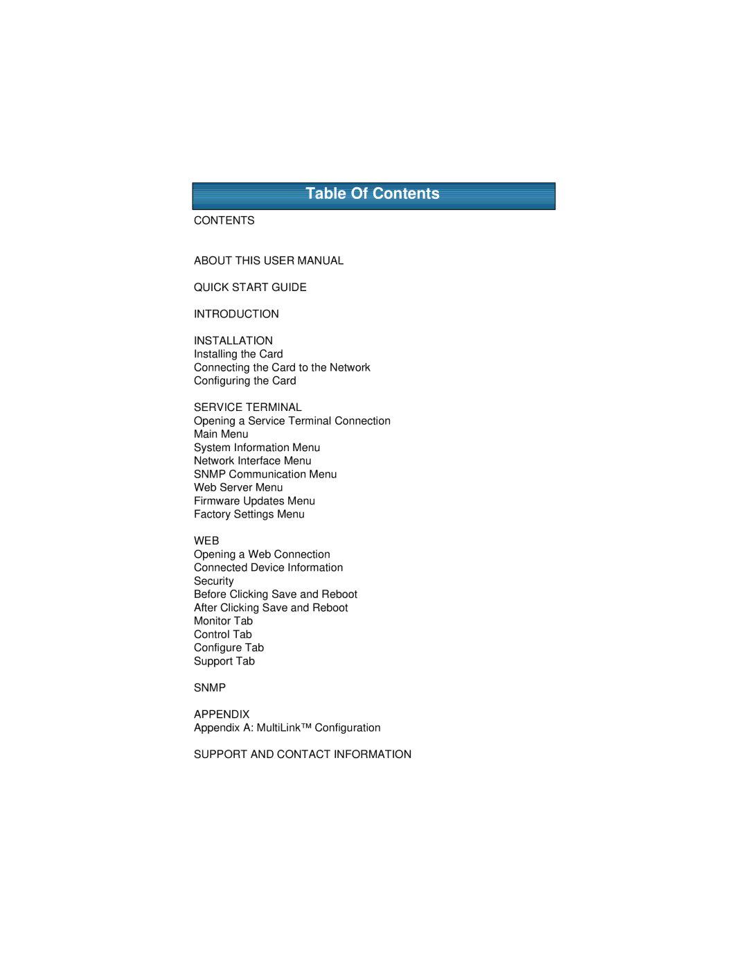 Liebert Network Card user manual Table Of Contents 