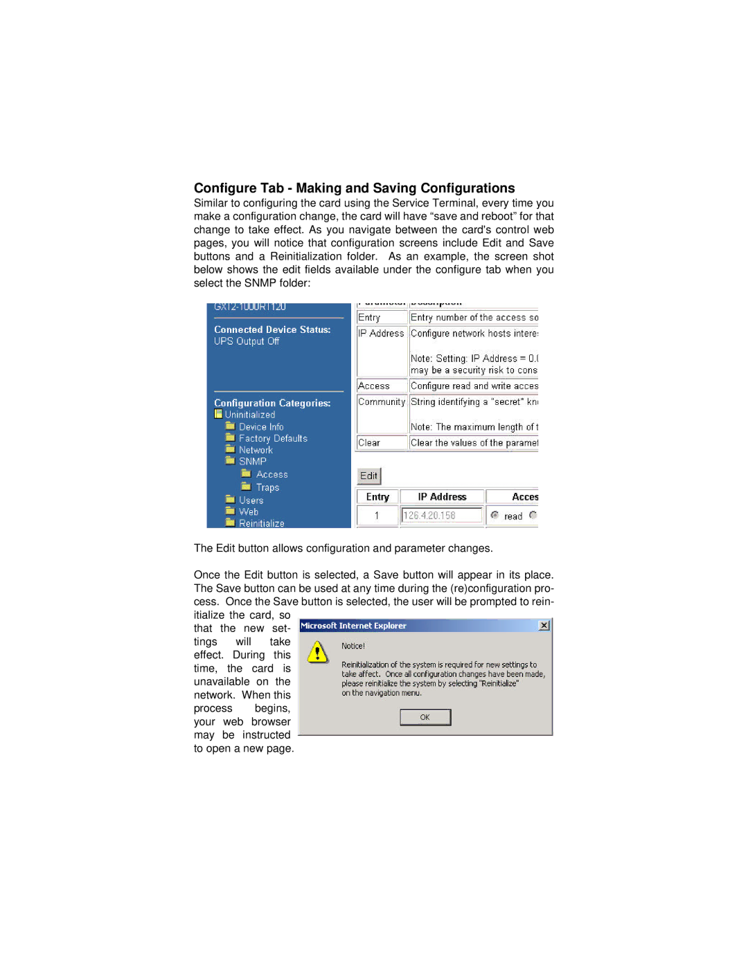 Liebert Network Card user manual Configure Tab Making and Saving Configurations 