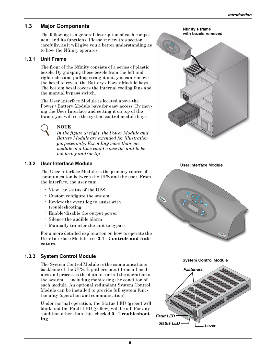 Liebert NfinityTM manual Major Components, Unit Frame, User Interface Module, System Control Module 