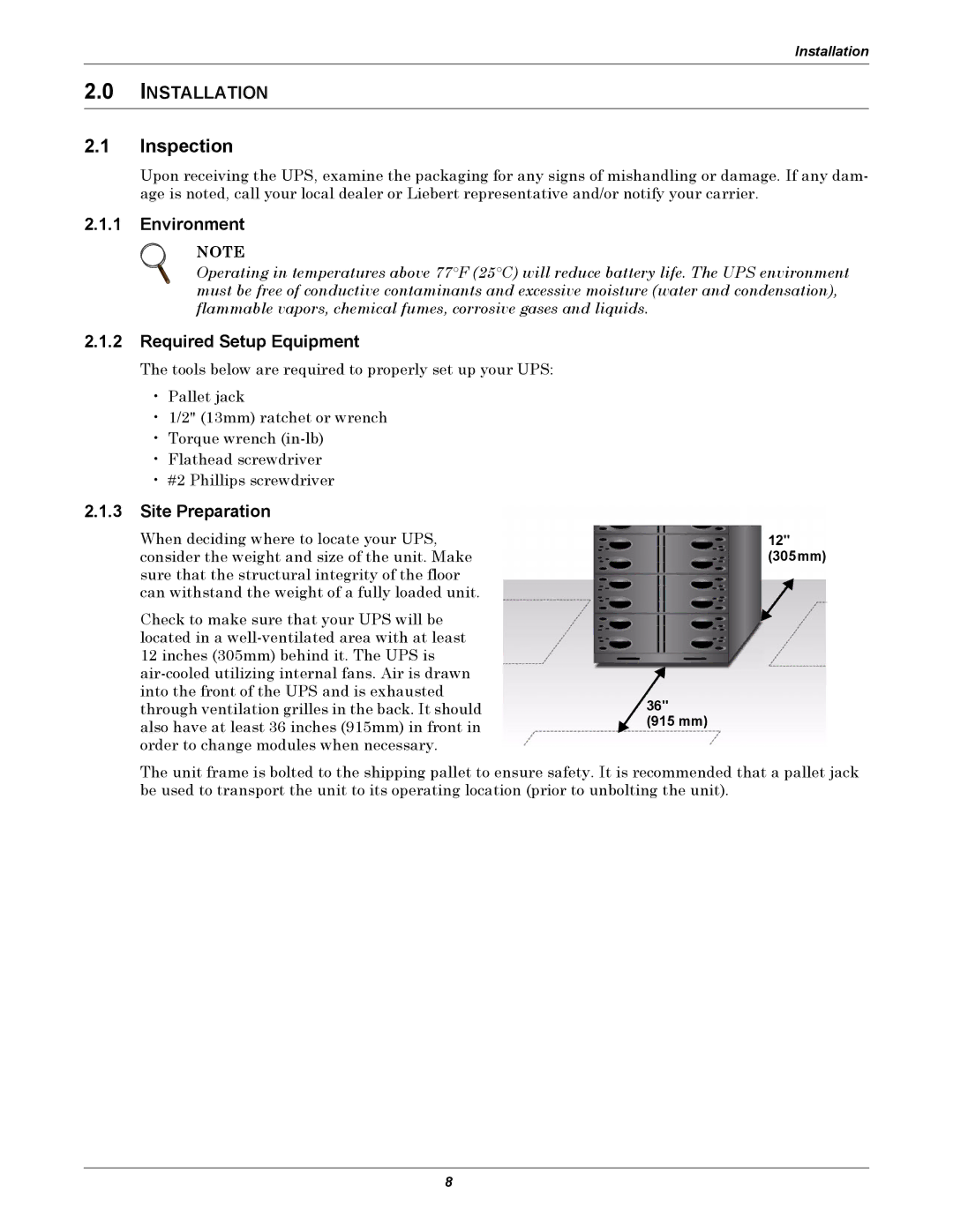 Liebert NfinityTM manual Inspection, Environment, Required Setup Equipment, Site Preparation 