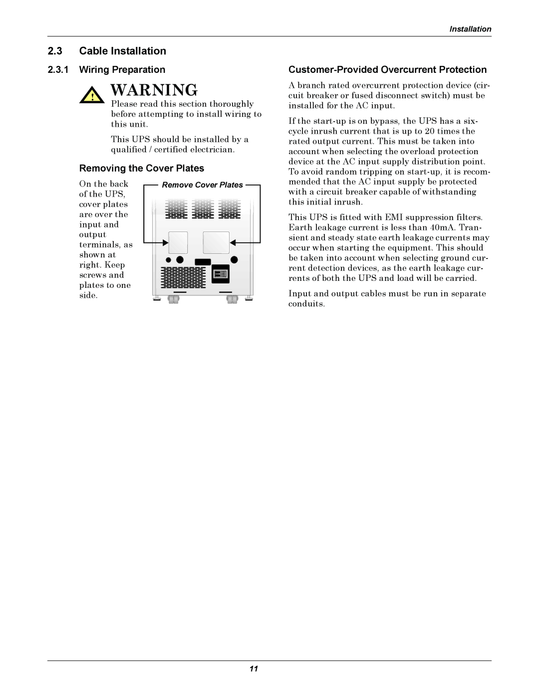 Liebert NfinityTM manual Cable Installation, Wiring Preparation 